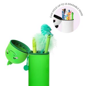 A product shot of a cute, green, dinosaur-shaped pencil case by Legami, isolated on a white background. The pencil case is standing upright with its zipped lid open. The lid, which forms the dinosaur's head, is shown dangling at the side with a kawaii-style face. The open pencil case reveals a selection of stationery inside, including a pen with a dinosaur topper and a dinosaur erasable pen. There is an inset circular image in the top right corner showing a different open pencil case. A white banner over the circle reads "CAN HOLD UP TO 15 ERASABLE PENS!".