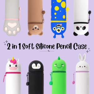 A promotional image for Legami's "2 in 1 Soft Silicone Pencil Case" collection, set on a light purple background. The image displays eight different character designs arranged in two rows of four. The top row, from left to right, shows a grey cat paw, a brown teddy bear, a blue monster with yellow spots, and a white panda. The bottom row, from left to right, shows a white unicorn with a pink horn, a black penguin, a green dinosaur, and a grey bunny. The text "2 in 1 Soft Silicone Pencil Case" is written in a black, stylized font across the middle of the image.