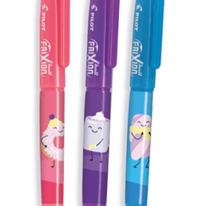 Three colorful Pilot FriXion erasable pens—in pink, purple, and light blue—standing vertically side-by-side. Each pen barrel features a unique, cute cartoon sweet-treat character with a smiling face, stick arms, and legs, set against a plain white background.