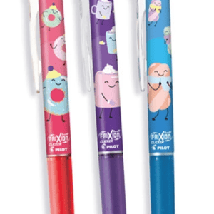 Three colourful Pilot FriXion Ball Clicker retractable, erasable pens - in pink, purple, and blue - standing vertically side-by-side on a white background. The barrel of each pen features a lively wrap design showcasing multiple cute cartoon sweet-treat characters.