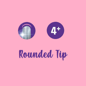 A graphic with a pink background. It features a purple, circular icon on the left showing a shiny, rounded scissors blade tip. To the right of that, a purple circle with the text "4+" is centred. Below the icons, the words "Rounded Tip" are written in a purple, handwritten-style font.