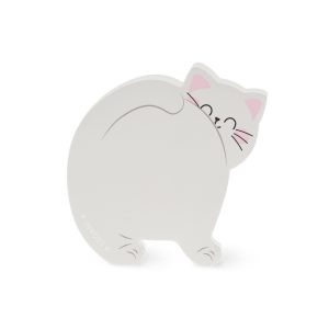 A grey cat-shaped sticky note pad with a happy, face peeking out from behind its body. The tail of the cat is up and wrapped around it's body. The inside of the cat's ears are pink and the whiskers are drawn in thin black lines over pink cheeks.