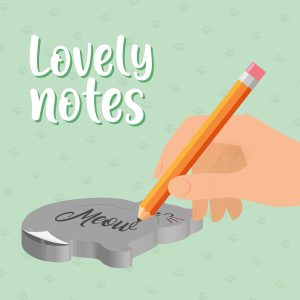A graphic depicting an illustration of a hand holding a pencil and writing the word "Meow" on a light grey, cat-shaped sticky note pad. The background is a pale green with a repeating pattern of cat paw prints. The text "lovely notes" is written in a white, handwritten font in the top left corner.