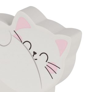 A close-up shot of a cat-shaped sticky note pad, showing the cat's face. The cat's body is light grey, with pink inner ears and a cute, happy face with closed eyes, a small smile, whiskers and pink cheeks. The cat appears to be happy and is on a white background.