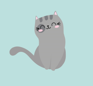 A simple cartoon illustration of a happy, seated grey cat. The cat has a large, dark grey spot over its left eye and dark grey stripes on its head. It is smiling with its eyes closed and has pink cheeks. The background is a solid light blue colour.