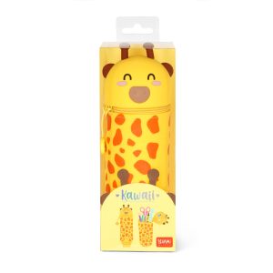A full product shot of a cute, giraffe-shaped pencil case by Legami, shown in its clear plastic packaging, isolated on a white background. The pencil case is a vibrant yellow with orange giraffe spots and a kawaii-style face. The colourful packaging features a yellow background with illustrations of the pencil case and the Legami logo at the bottom.
