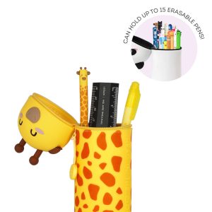 A product shot of a cute, yellow, with orange spots, giraffe-shaped pencil case by Legami, isolated on a white background. The pencil case is standing upright with its zipped lid open. The lid, which forms the giraffe's head, is shown dangling at the side with a kawaii-style face. The open pencil case reveals a selection of stationery inside, including a pen with a giraffe topper and a small black ruler. There is an inset circular image in the top right corner showing a different open pencil case. A white banner over the circle reads "CAN HOLD UP TO 15 ERASABLE PENS!".