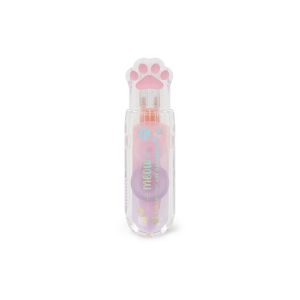 A translucent correction tape dispenser with a cat paw design. The top of the dispenser is a clear paw print with pink paw pads, and the body contains a pink and purple mechanism with the word "meow" written on it.
