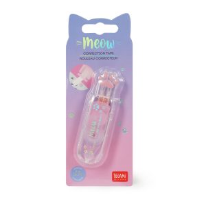 A translucent correction tape dispenser with a cat paw design, packaged on a pink & purple cardboard backing. The dispenser has a clear body with a pink and purple mechanism inside with the word "meow" on it. The cardboard packaging has a cat ear shape at the top. The packaging also says "meow" in silver.