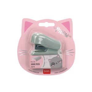 A mini stapler packaged on a pink cardboard backing shaped like a cat's head with ears and whiskers. The stapler is made of grey plastic and is accompanied by a small box of staples. The packaging features the word "meow" in silver, a cartoon cat, and the "LEGAMI MILANO" logo. Text on the package indicates it is a "MINI STAPLER" and includes staple size information.