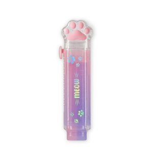 A clear, cylindrical, retractable eraser with a cat paw design. The top of the dispenser is a cat paw with pink toes and paw pad. The body of the eraser is pink and purple and has silver cat paw prints on it, as well as the word "meow". Underneath this reads "Legami we are dreamers".