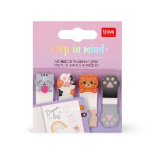 A set of four cat-themed adhesive page markers on a cardboard backing. The first page marker from the left is a grey striped cat holding a pink yarn ball. The second is a calico cat paw. The third is an orange striped cat. The fourth is a black cat paw. The backing is a pink-to-purple gradient with the text "keep in mind" in holographic letters and "LEGAMI MILANO" in a red box at the top right.