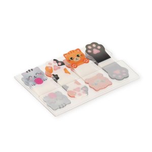 A set of 4 cat-themed adhesive page markers displayed on a clear plastic tray. From left to right they are: a grey striped cat, a calico cat paw, an orange striped cat, and a black cat paw.