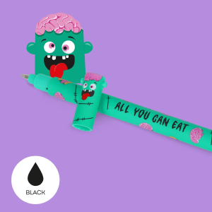 A playful image on a light purple background displays a green "All You Can Eat" pen with a Zombie theme. An oversized, cartoonish illustration of a green zombie's head with pink brains exposed and a red tongue sticking out is positioned at the top of the image. Below it, the actual pen is shown diagonally with its cap removed. The cap, resembling the zombie's head, lies next to the pen's body. A black ink droplet icon labelled "Black" is in the bottom left corner, indicating the pen's ink colour.