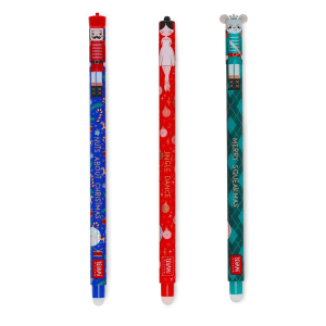 Three Christmas-themed pens with cartoon designs are arranged vertically against a white background. From left to right: Blue Pen: The top features a nutcracker face with a moustache and red hat. The body of the pen is blue with various Christmas motifs like candy canes, snowflakes, and festive patterns. Red text running vertically along the side reads "Nuts About Christmas". Red Pen: The top shows a ballerina wearing a white leotard and black hair. The pen body is red with small white and pink Christmas ornaments and musical notes. Red text running vertically reads "Jingle Dance". Green Pen: The top displays a grey mouse king's face with an angry expression and a small crown. The pen body is green with a diamond pattern in darker and lighter shades of green, interspersed with small white cross shapes. Green text running vertically reads "Merry Squeakmas".