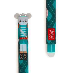 A close-up, cropped shot of two ends of a green Legami erasable pen, part of the Christmas set. The top of the pen features a detailed illustration of a mouse with a grey crown, green uniform, and a sword on a green background adorned with a checked pattern. The bottom of the pen has a Legami logo with a white eraser tip. It also has a round, holographic "LIMITED EDITION" sticker.