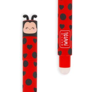 Two close-up views of a ladybug-themed erasable pen: the left side highlights a black cap with a cute smiling face and antennae, while the right side shows the white eraser tip and the Legami Milano logo on a red barrel with black hearts and dots.