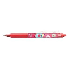 A horizontal view of a pink Pilot FriXion Ball Clicker retractable, erasable pen against a solid white background. The centre of the barrel features a playful wrap design with multiple cute cartoon sweet-treat characters.