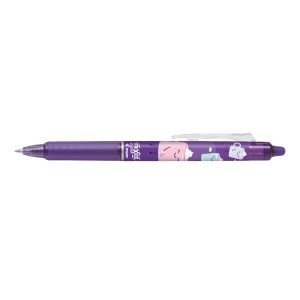 A horizontal view of a purple Pilot FriXion Ball Clicker retractable, erasable pen against a solid white background. The centre of the barrel features a playful wrap design with multiple cute cartoon sweet-treat characters.