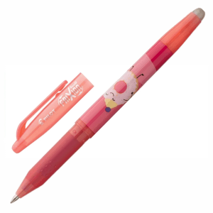 An uncapped pink Pilot FriXion Ball erasable pen shown diagonally with its matching cap resting beside it. The pen body features a cute cartoon illustration of a pink-iced, ring doughnut character wearing a yellow hat, all isolated on a white background.