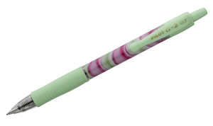 A diagonal view of a Pilot G-2 07 retractable gel pen against a solid white background. The pen features a pastel mint green ribbed grip and an abstract marbled barrel pattern blending vibrant magenta, pink, and sage green.
